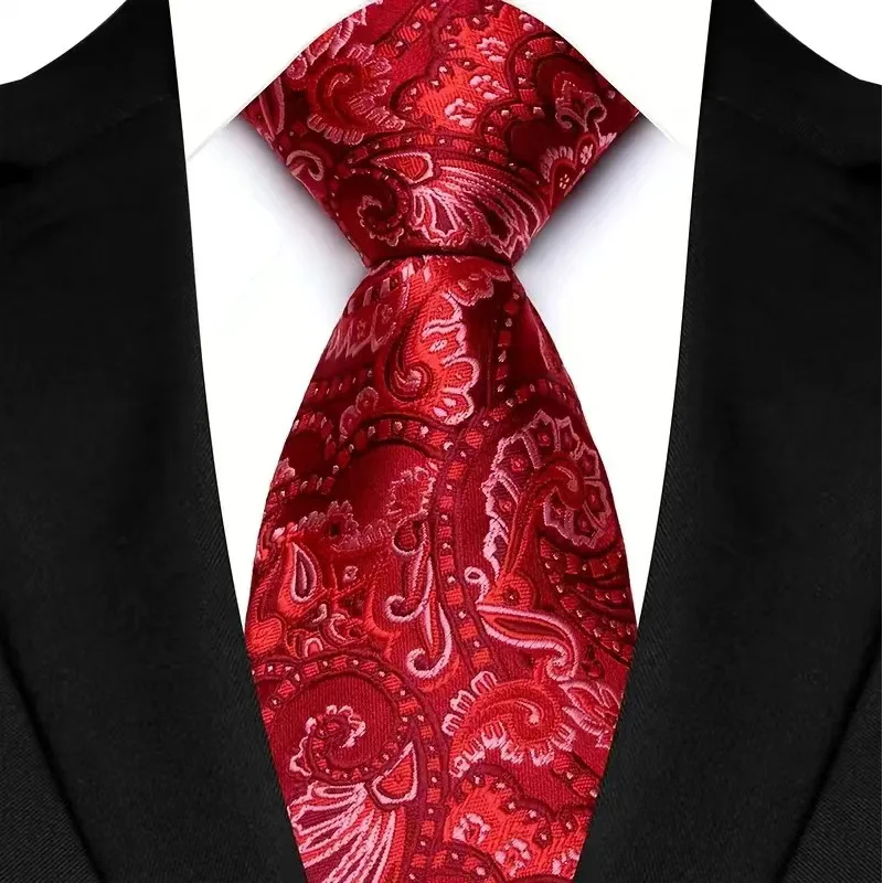 Gravata masculina luxuosa de 8cm, cor vermelha, listras sólidas, paisley, para homens, noivo, jacquard, tecido, gravata de pescoço para negócios, festa de casamento