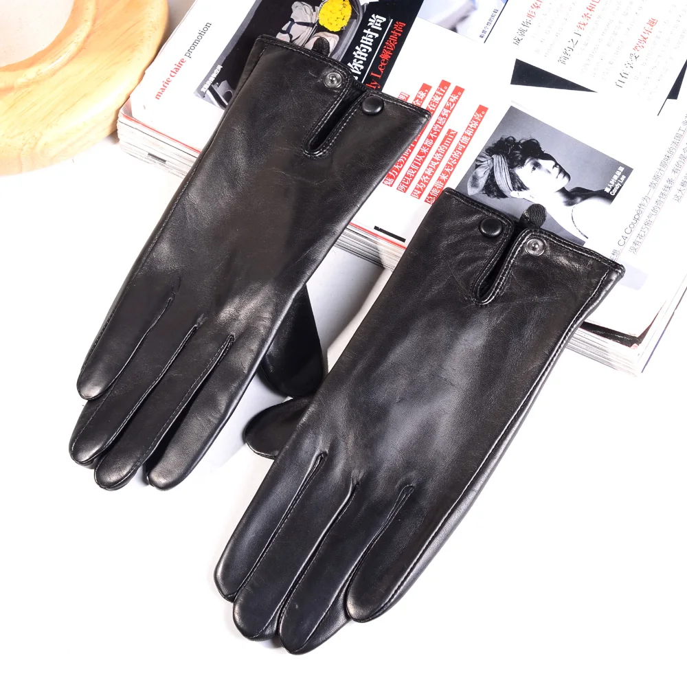 Real Leather Touch Screen Gloves Women\'s Ladies Classic Genuine Leather Winter Warm Driving Button Gloves
