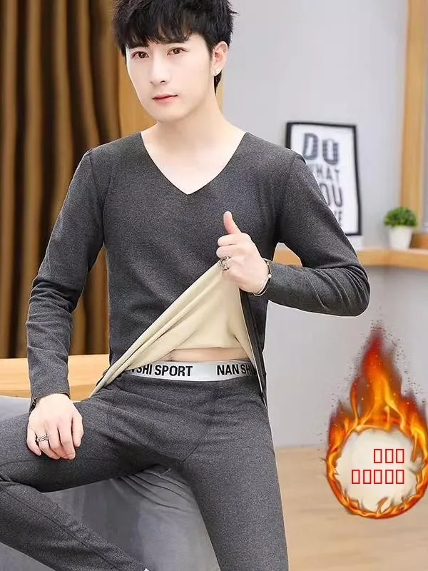 

Теплый комплект термобелья для мужчин: V-образный вырез, двусторонний флис, поддержание постоянной температуры, бесшовное, цветное, для осени