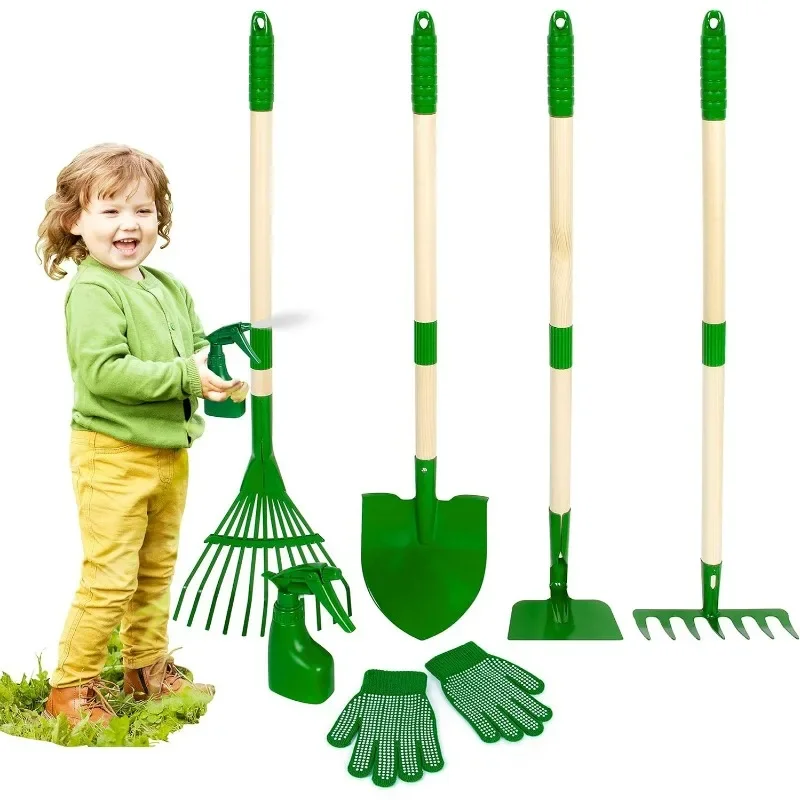 7Pcs Kids Gardening Tools Set Wheelbarrow Set for Kids with Shovel Rake Leaf Rake Summer Outdoor Yard Digging Weed Toys