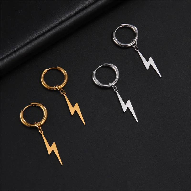 Stainless Steel Earrings Gothic Cross Plated Hoops Earrings For Women Men Trend Lightning Pendant Earring Jewelry Party Gifts