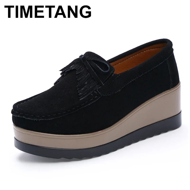 

TIMETANG Autumn Women Platform shoes leather suede plush slip on sneakers chaussure tassel fringe loafers women shoes E003