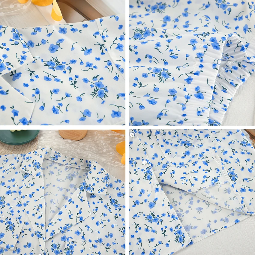 Summer Blue Flower Print Women\'s Pajamas Long-sleeved Ruffles Pants Short 2Pcs Outfit Pyjama Sleepwear Nightwear 100% Polyester