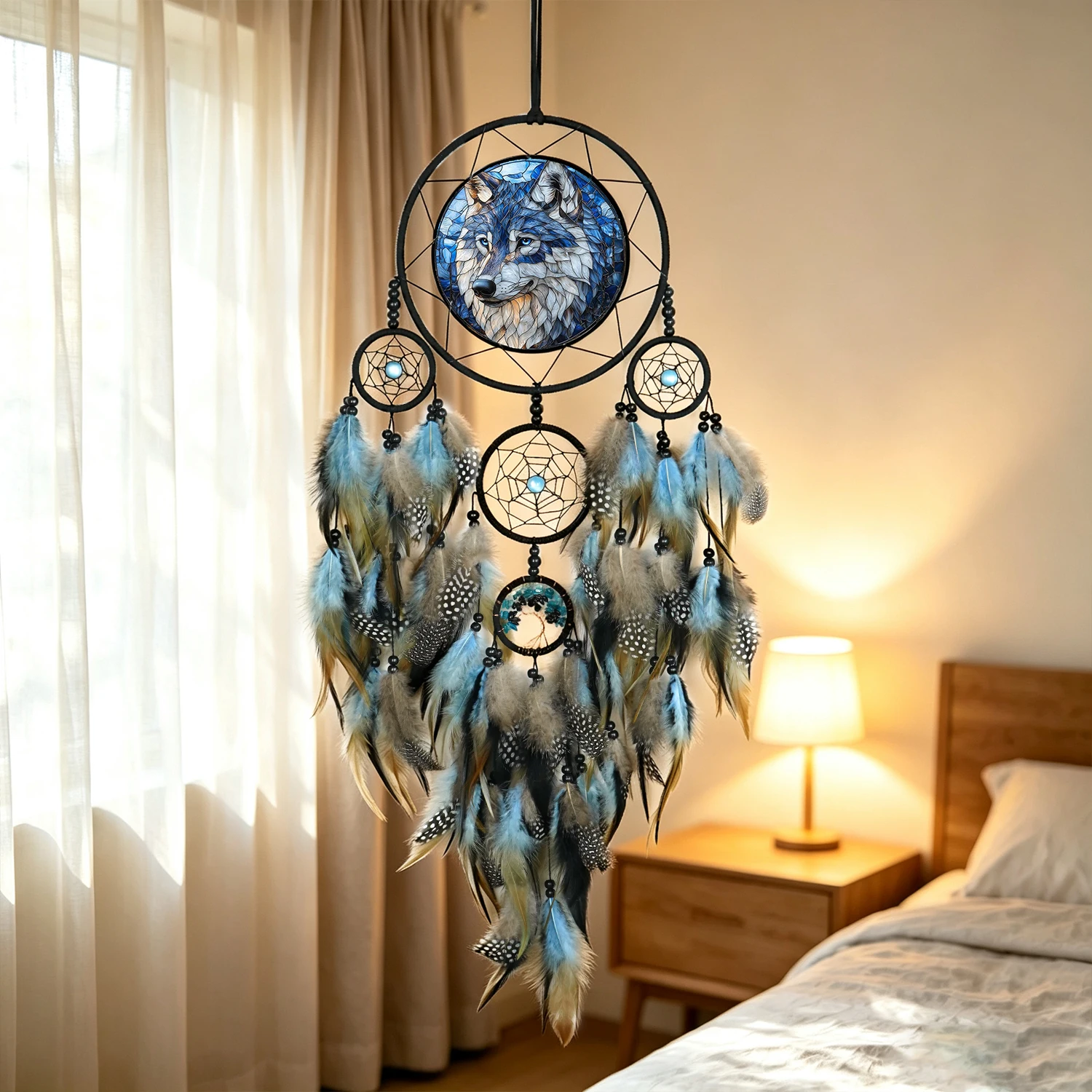 Wolf Totem Dream Catcher Handmade Blue Feather Wall Hanging Bohemian Home Decoration Gardern Wind Chime for Bedroom Wedding Gift
