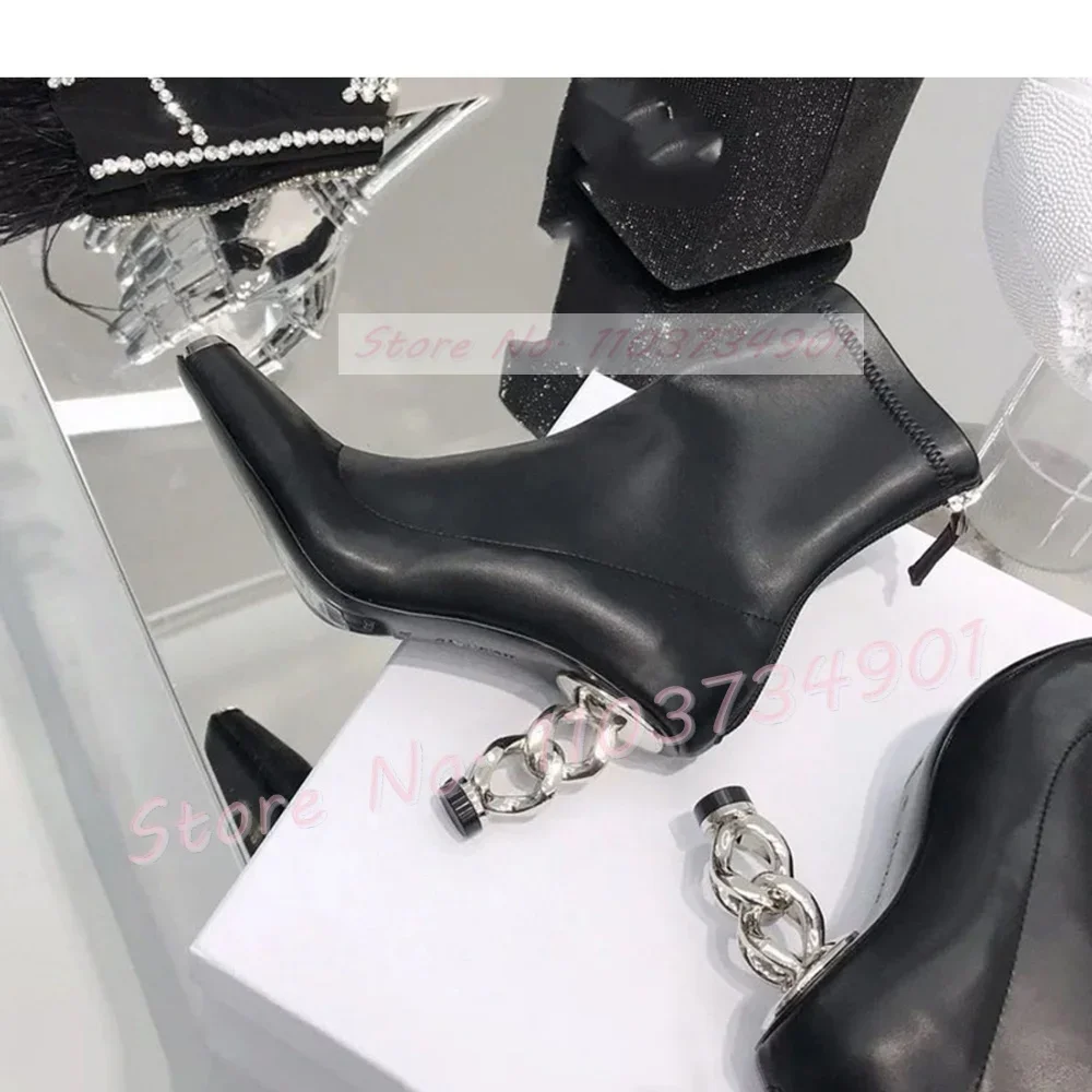 

Metal Strange Style High Heels Ankle Boots Women Trendy Zipper Square Toe Boots Lady Slim Retro Solid Sexy Patent Leather Shoes