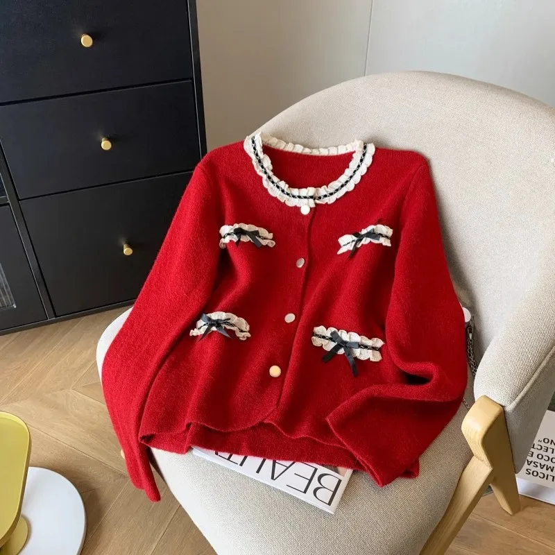 Autumn Winter New French Elegant Lace Stitching Knitted Cardigan Bow Long Sleeve High Quality Base Hair Fashion All-match Top