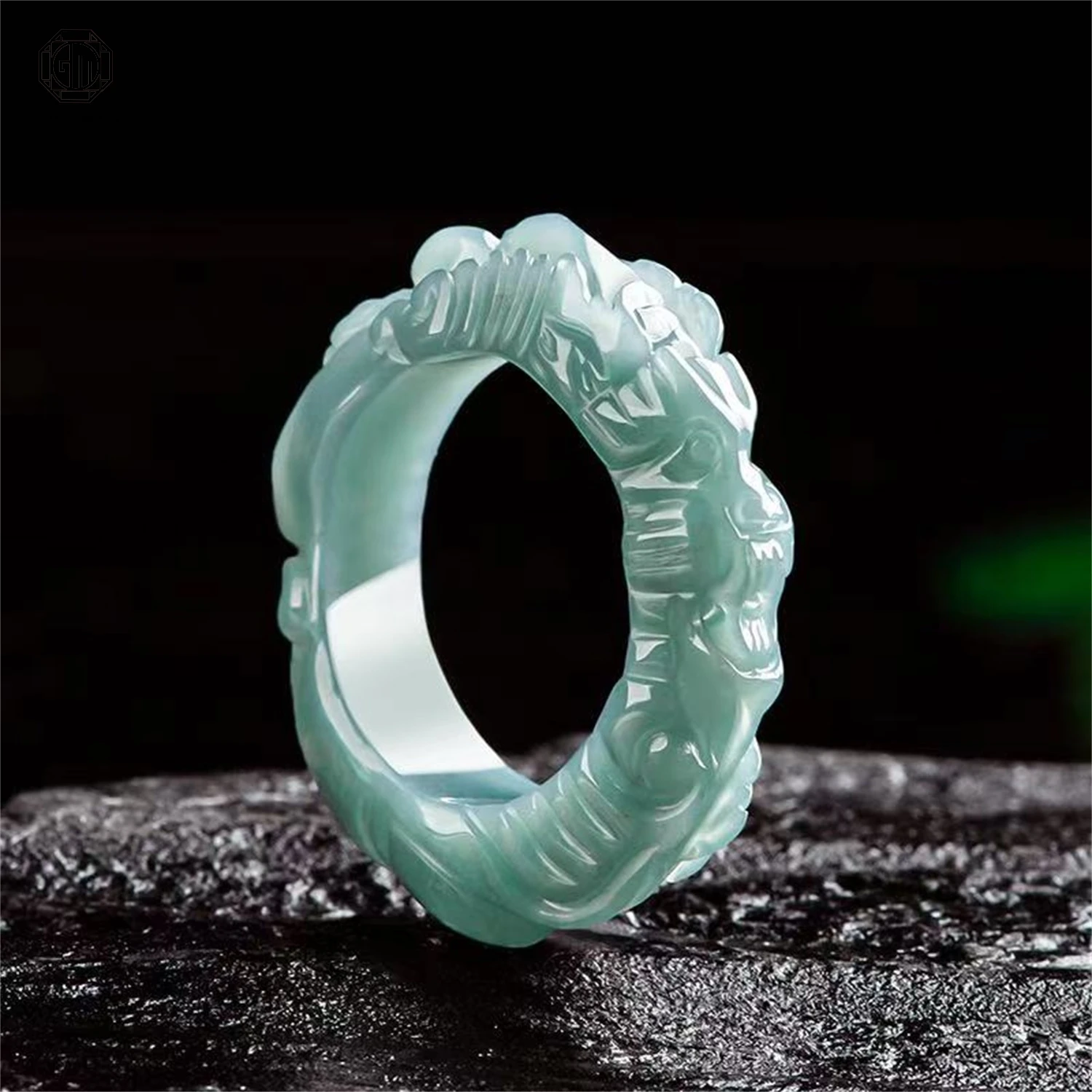 Natural Grade A Jadeite Blue Water Dragon King Three Dimensional Carved Ice Ring Men Thumb Band Exquisite Retro Jewelry Gift view 5