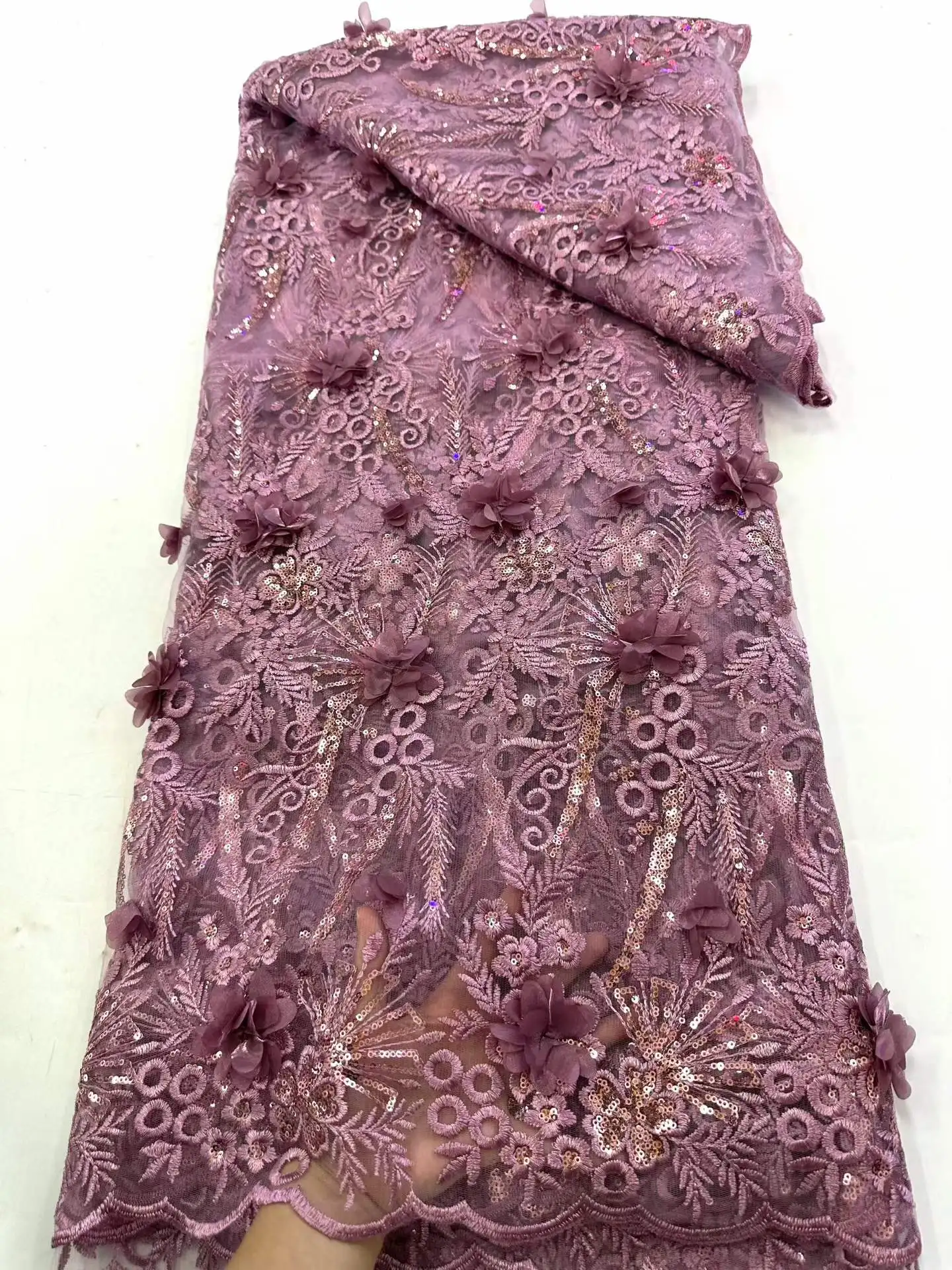 

Hot 3D Flower African Beaded Lace Fabric 5 Yards France Nigeria Sequins Mesh Tulle Lace Fabric for Wedding Party Evening.