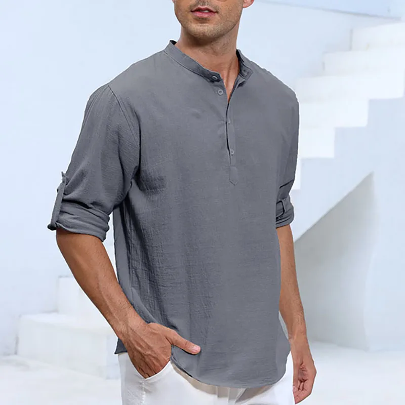 Autumn Spring Men's Long Sleeve T-shirt Henley Neck Vacation Style Cotton Linen Cozy Tees Solid Color Male Casual Polo Tops