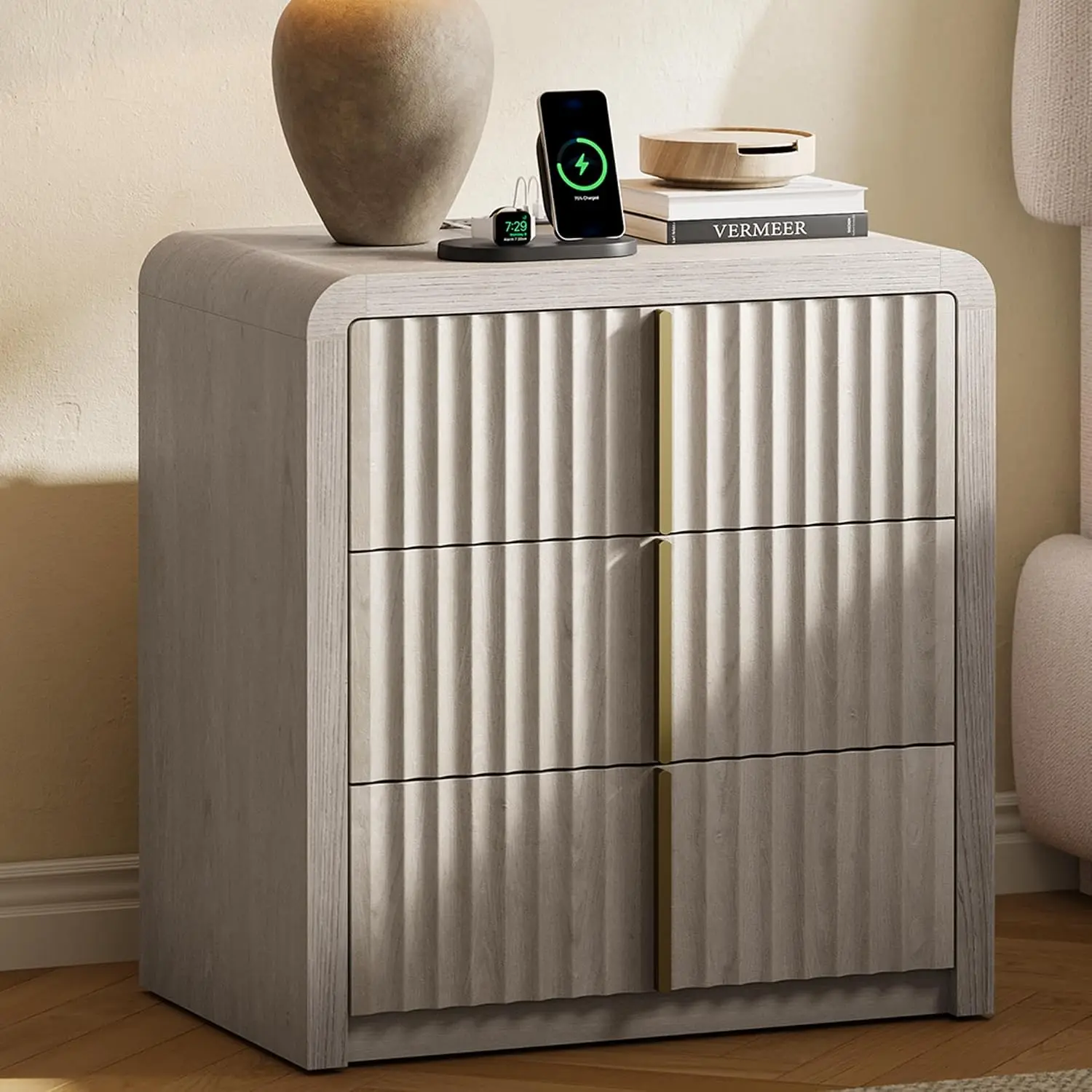 23.6 Inch Fluted Modern Nightstand with 3 Drawers 2 AC Outlets USB Ports Storage Locker Charging Station Bedside Table Custom