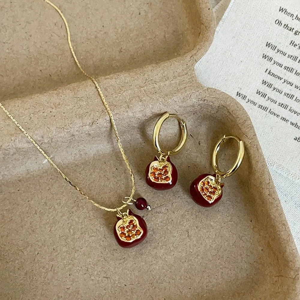 New Red Pomegranate Pendant Necklace Cute Delicate Fruit Earrings Sweet Minimalist Clavicle Choker Daily