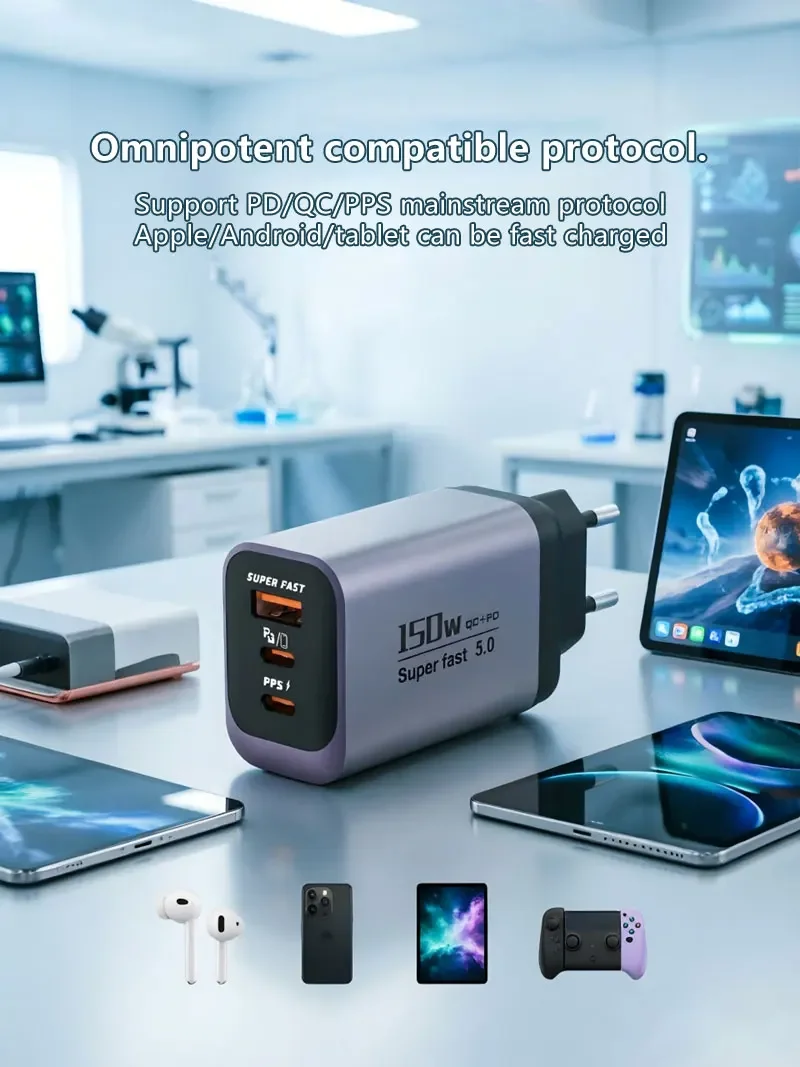 120W 3-Port Typ-C Ladegerät USB-C Schnellladewandadapter US/EU/UK-Stecker Telefonladegerät Kompatibel mit iPhone Samsung – Detail 6