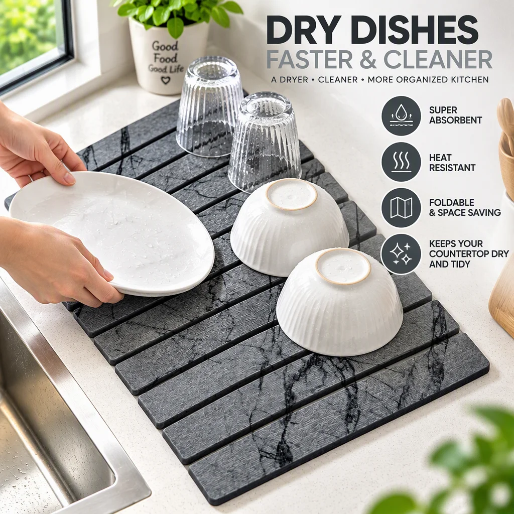 Large Fast-Absorbent Collapsible Diatomaceous Earth Stone Dish Drying Mat, Quick-Drying for Kitchen Counter