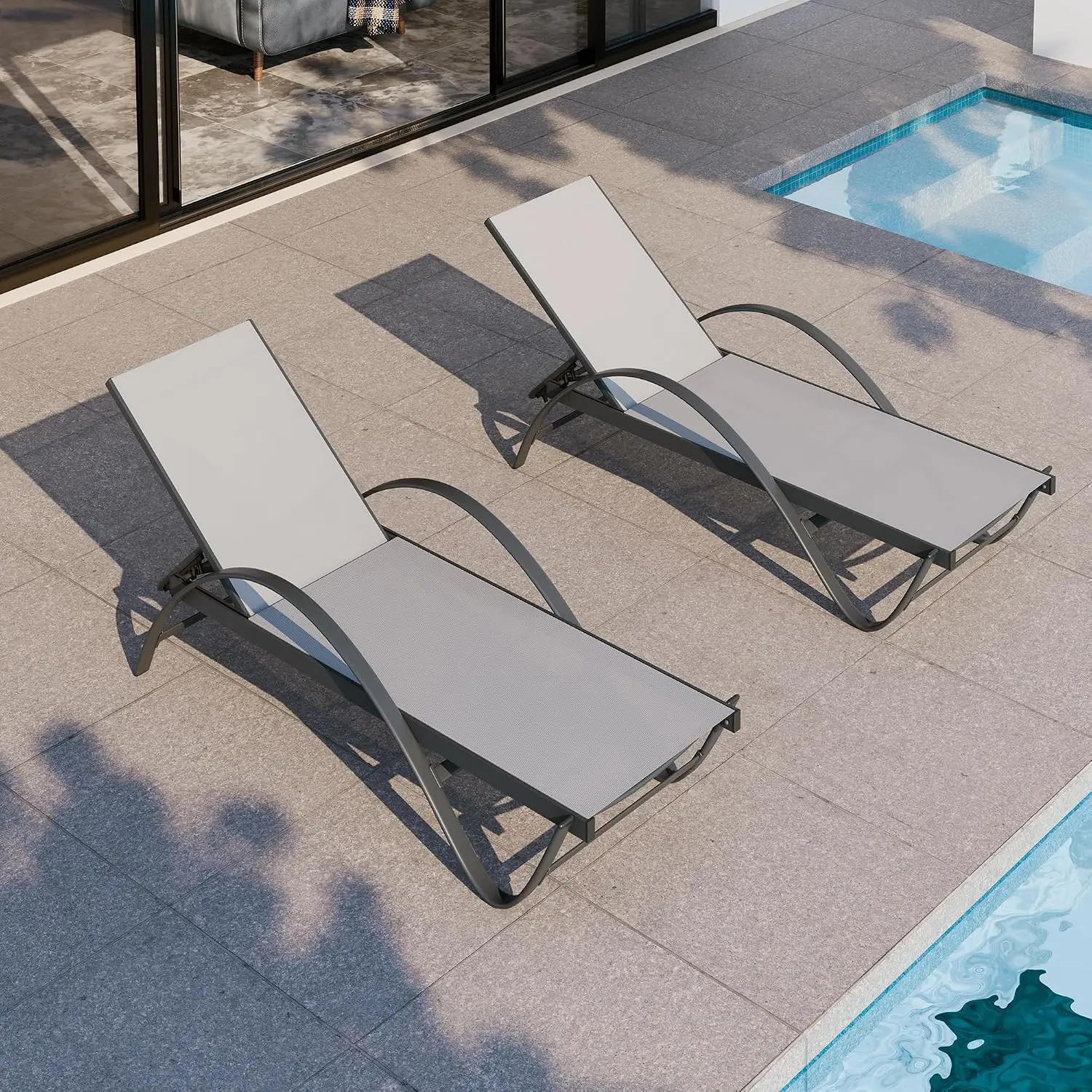 Patio Chaise Lounge Set Of 2 Pool Lounge Chair With Arms Outdoor Sunbathing Recliner 5 Position Adjustable Beach Chair Light Grey For Poolside Lawn Deck