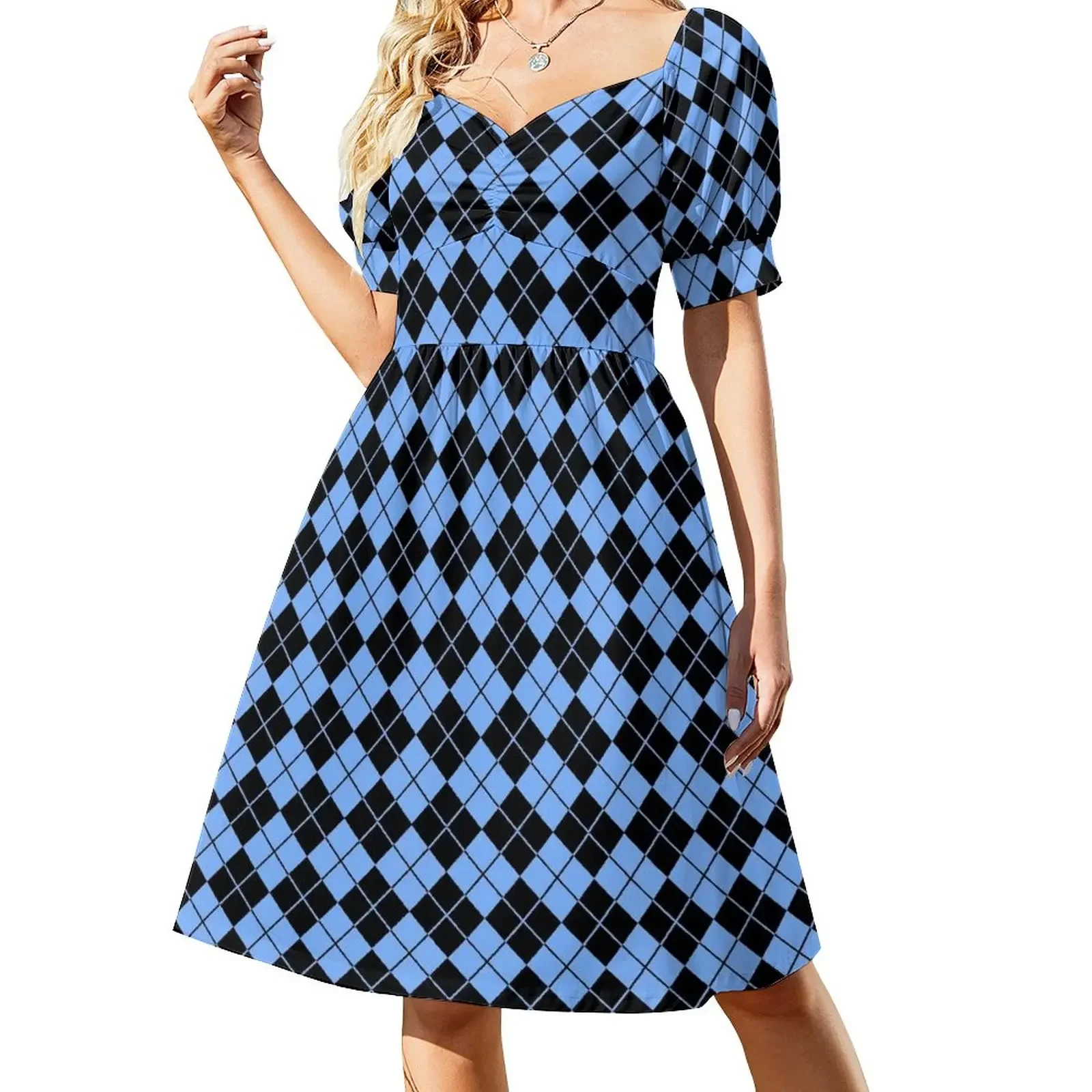 Carolina Blue/Black Argyle Short-Sleeved Dress ladies dresses for special occasions party dress women elegant luxury