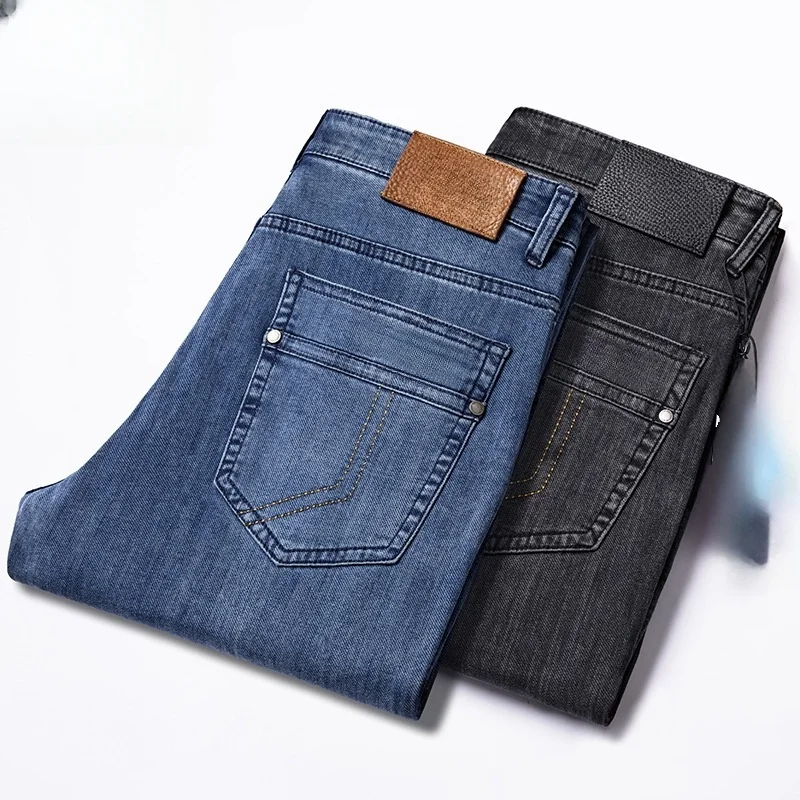 

Summer men's Denim Jeans Straight Casual jeans for male blue Black mid waist thin pants size 38 40 42 44