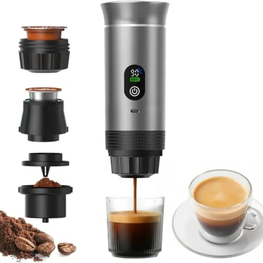 

Portable 3-in-1 Espresso Coffee Maker Self-Heating Rechargeable with Smart Display Works with Ground Coffee Small Large Capsule