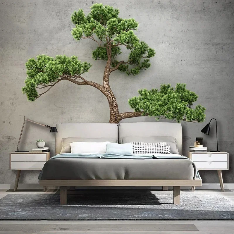 Custom Mural Wallpaper Chinese Style 3D Stereoscopic Green Pine Tree Plant Wall Decorative Painting Background Papel De Parede