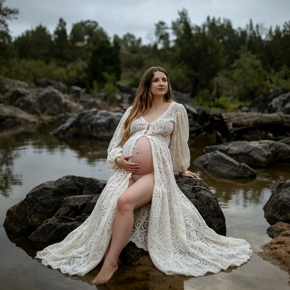 Boho Lace Maternity Photoshoot Dress Flowy Maxi Robe for Pregnant Women Baby Shower Outdoor Maternity Photography Prop