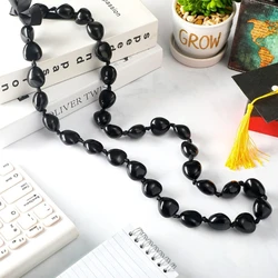 Graduation Black Kukui Nut Leis Necklace Ribbon-Bow Tie Closure Adjustable Acrylic Bead Clavicle Chain For High School