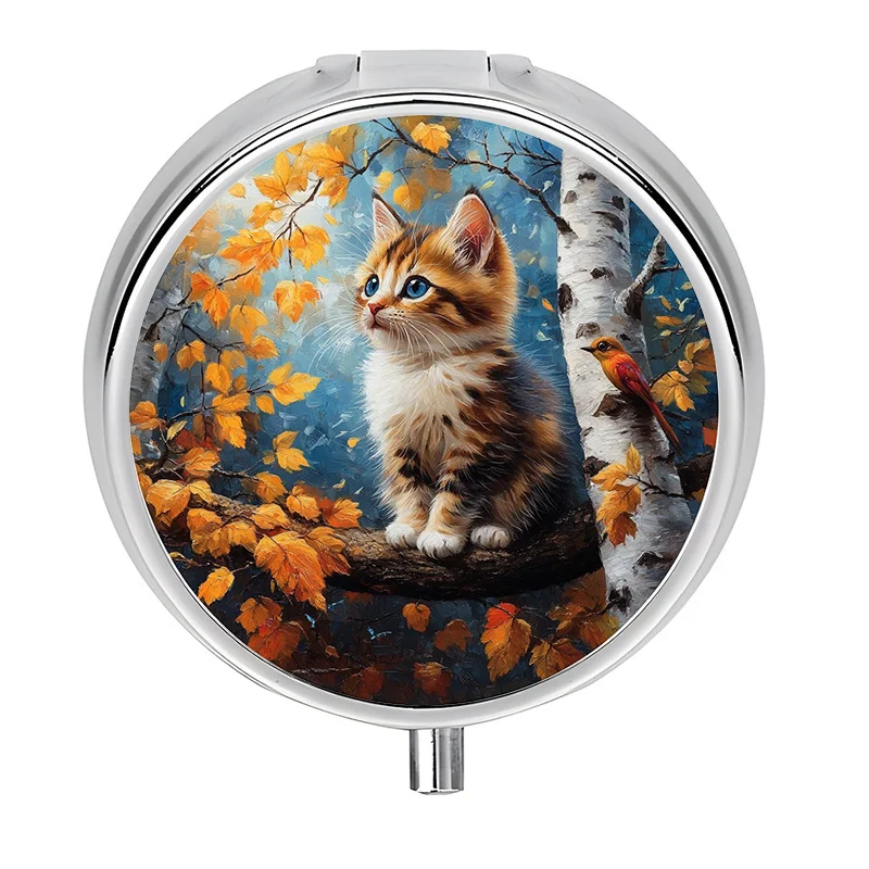 A Portable Pill Box with Three Compartments, Designed with Autumn-Themed Kitten and Bird Patterns. This Compact Pill Box Is Perfect for Carrying in Your Pocket or Purse.