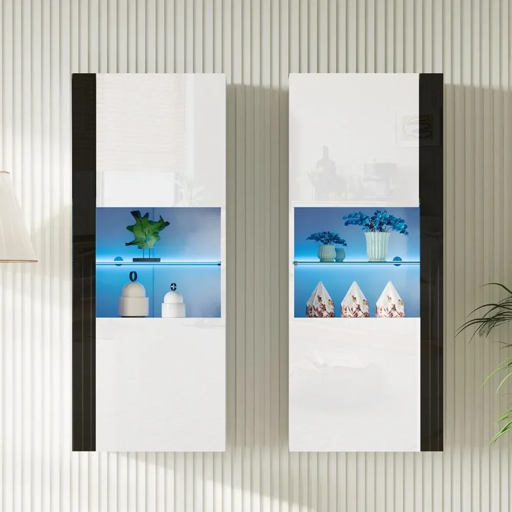 

Wall Storage Cabinets with LED Lights, Modern High Gloss Hanging Cabinets with 4 Closed Doors & Open Glass Shelves