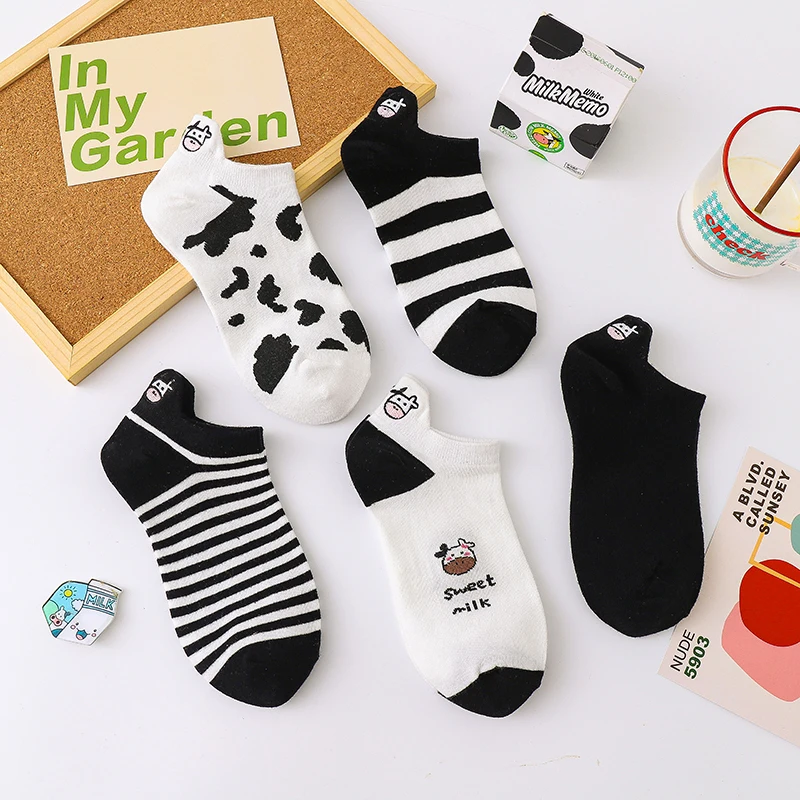 

5 Pairs High Quality Spring Summer Women Socks Casual Cartoon Cow Animal Embroidery Low Tube Short Socks Kawaii Cute Ankle Socks