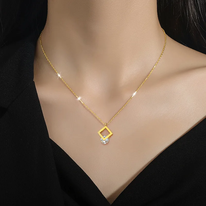 Personality Gold Color Stainless Steel Geometry Crystal Pendant Necklaces for Women Charm Square Collar Jewelry Gift Colorfast