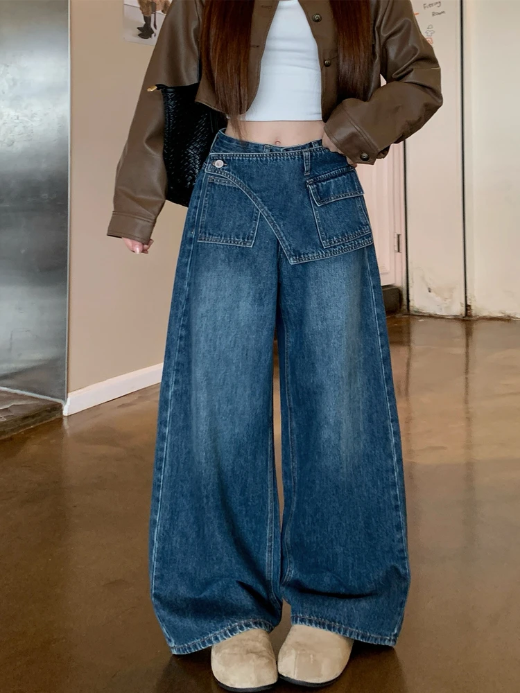 

High Waist Straight Leg Distressed Denim Jeans plus Size Autumn Winter New Style Vintage Loose Fit Slimming Asymmetrical Wide...