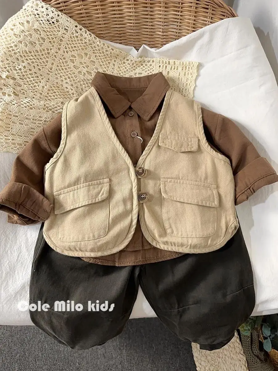 Korean Boys Shirt Long Sleeve Spring and Autumn 2024 New Style Girls Shirt Baby Top Children Solid All-match Cardigan