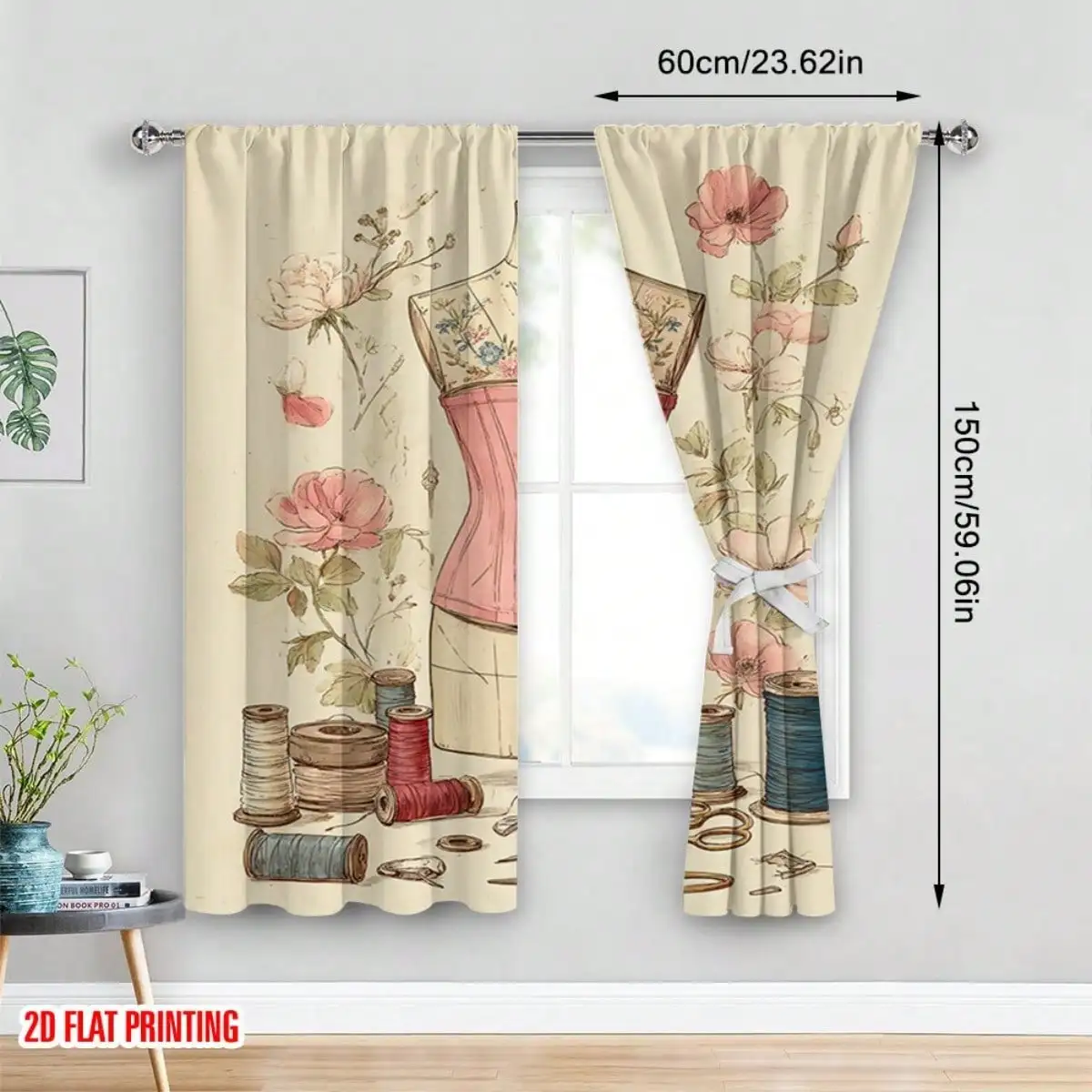 2D Flat, 2pcs 2D Flat Vintage Dressmaker Idea Printed Curtains - Elegant Semi-Sheer Drapes For Living Room, Bedroom, Office