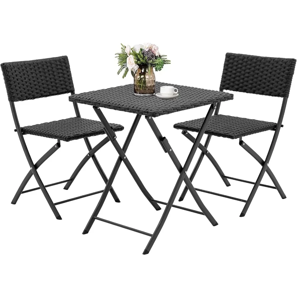

Rattan Patio Bistro Set, 3 Piece Foldable Outdoor Patio Furniture Sets, with Folding Table and Two Chairs, for Garden, Backyard,