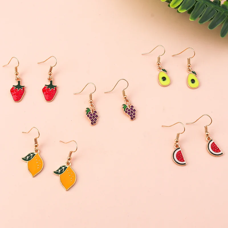 Aihua 10 teile/satz Schöne Emaille Fuirts Ohrringe Set für Frauen Kawaii Wassermelone Avocado Zitrone Traube Ohrringe Partei Schmuck Geschenke – Detail 4