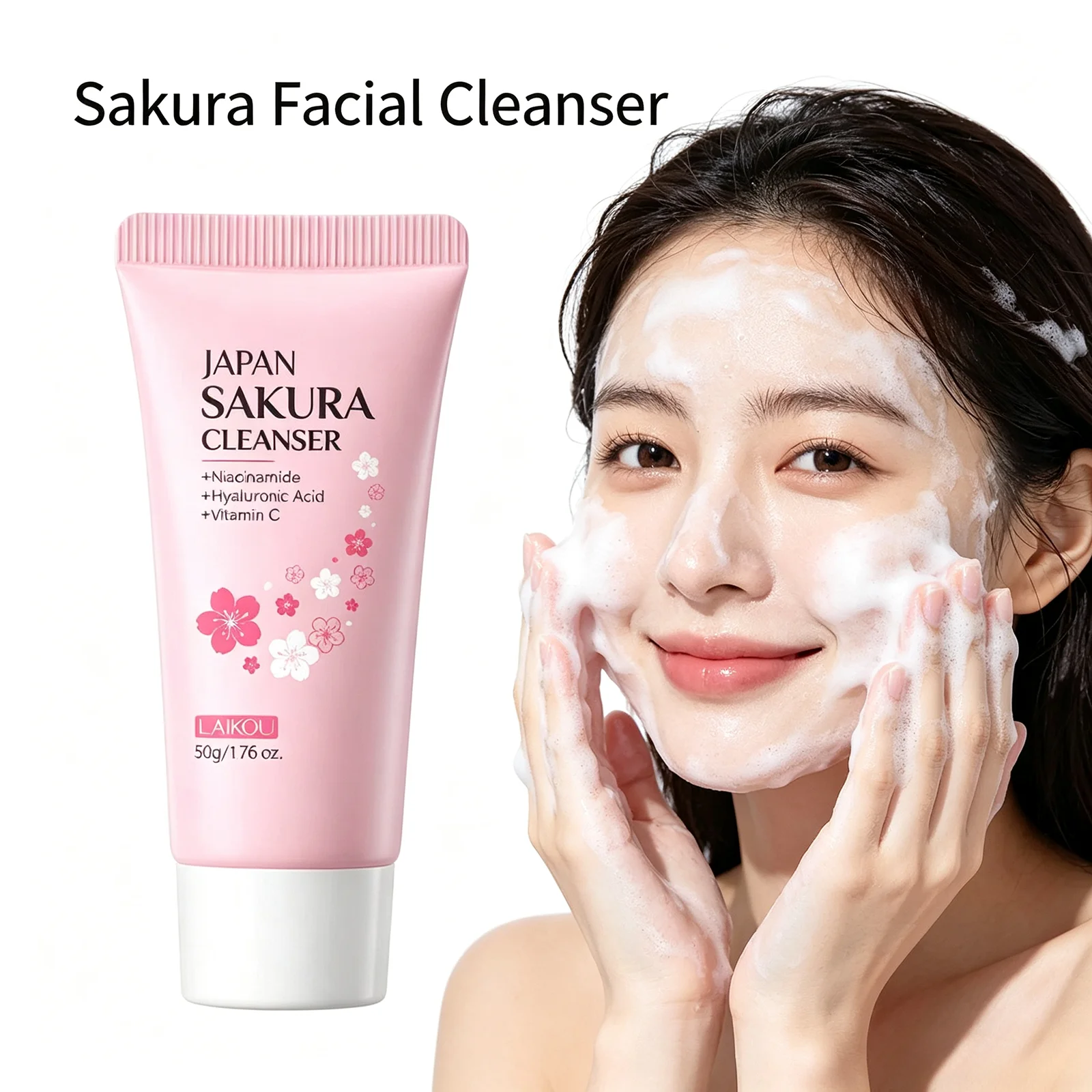 LAIKOU Sakura Facial Cleanser Deep Clean Pore Oil Control Moisturizing Brightening Gentle Face Wash All Skin Types 50g