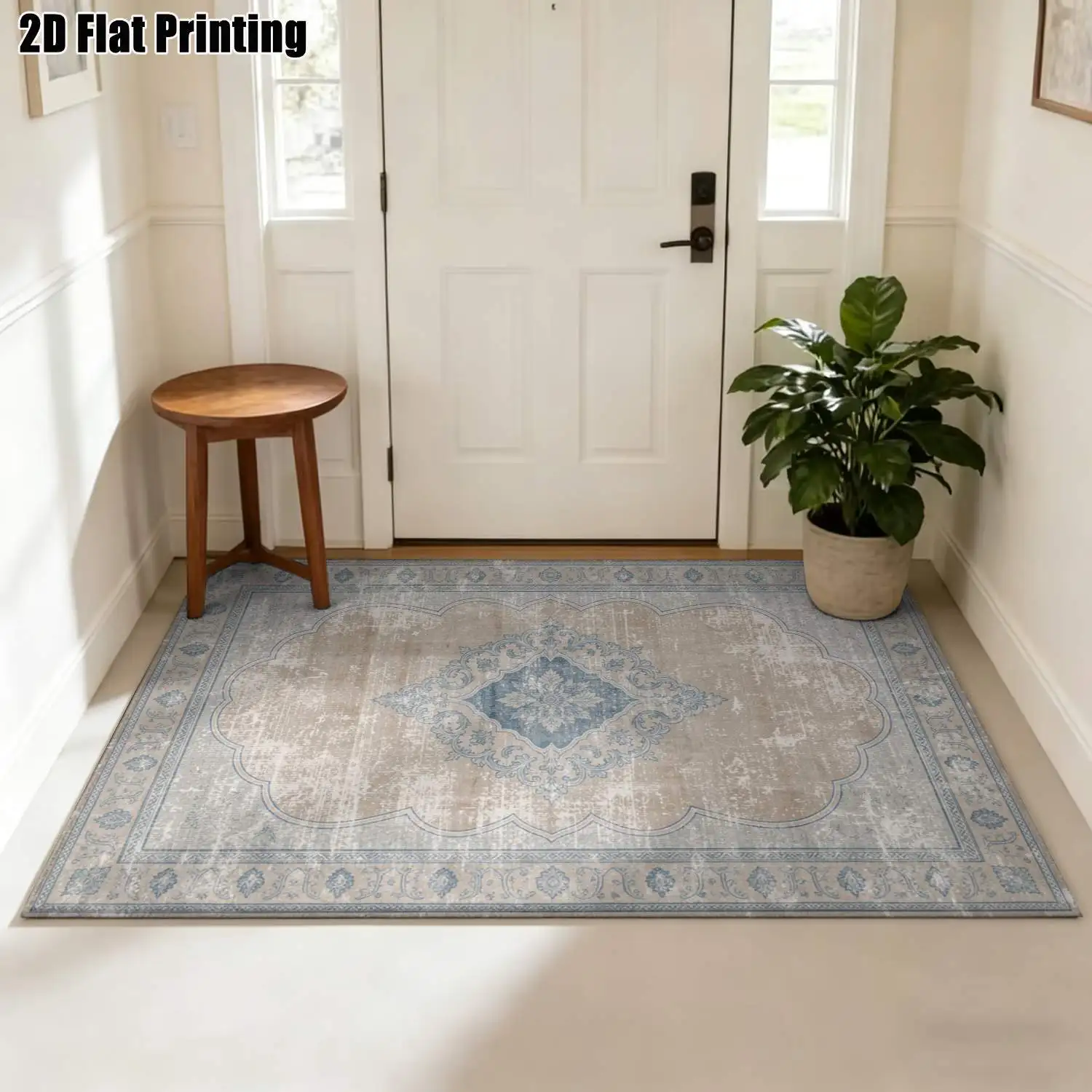1Pc 2D Printed Retro Blue-Grey Floral Carpet, European Geometric Design, Machine Washable, Multi-Size Home Decor Rug for Entrance, Dining Room, Bedroom, Living Room