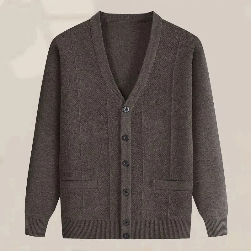 เสื้อโค้ทไหมพรมถักหนาสำหรับผู้ชาย ฤดูใบไม้ร่วง ฤดูหนาว เสื้อคาร์ดิแกน แขนยาว สำหรับผู้สูงอายุและวัยกลางคน