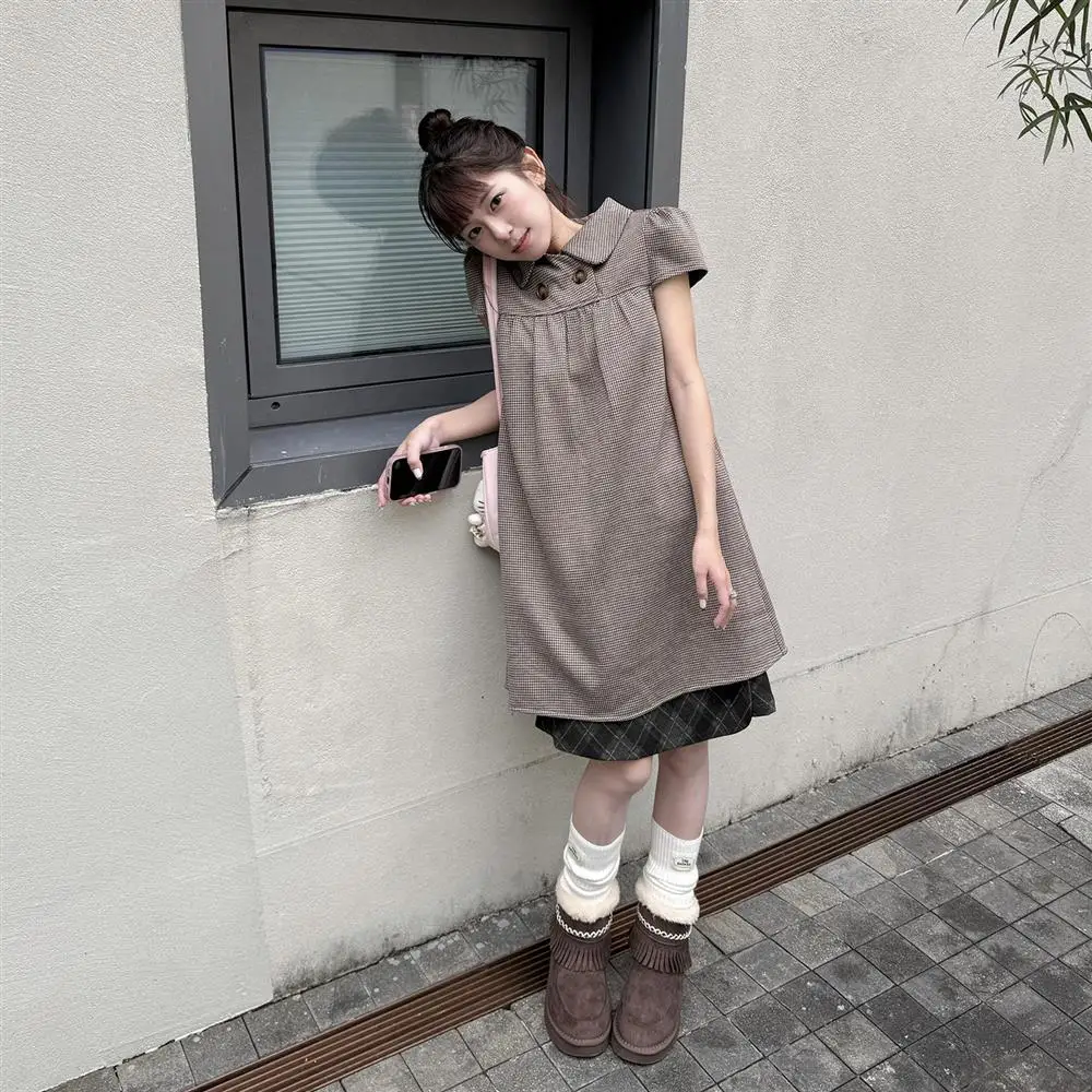 Korean College Style Doll Collar Short Dress Women Summer New Retro Loose Unique Design A-Line Skirt Sweet Style Polyester Fiber