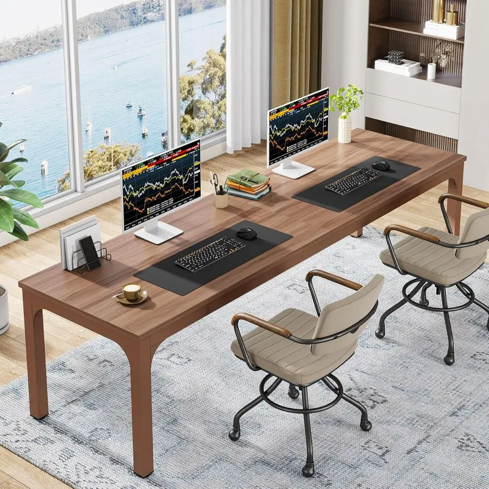 

79in Dual-Station Extra Long Computer Desk, Coffee Brown for Home or Office