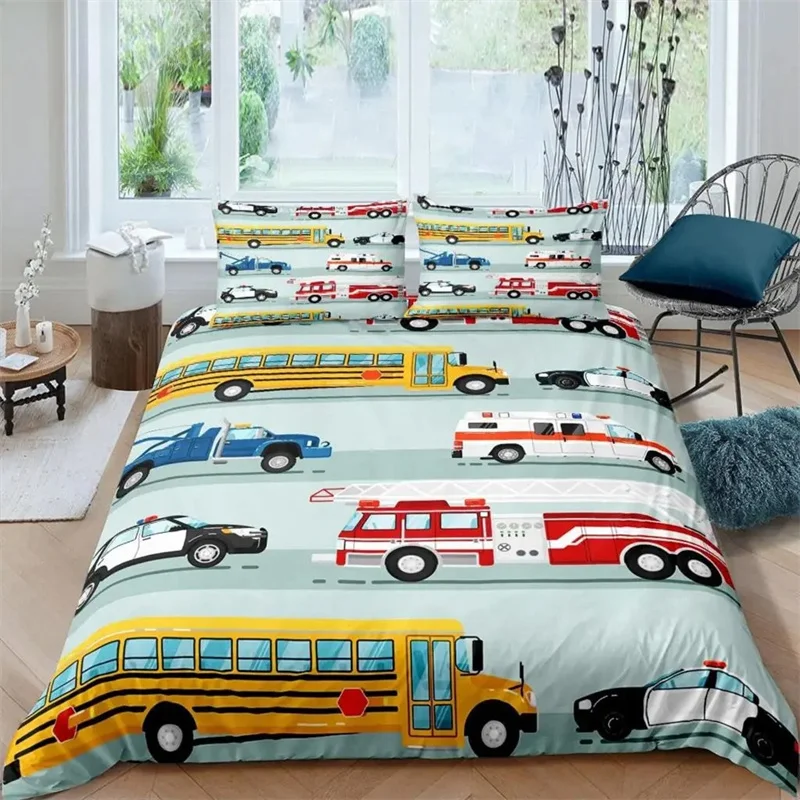 

3D Car King Queen Duvet Cover Cartoon Car Bedding Set Kids Boys Blue Grey Emergency Responder Vehicles Polyester Quilt Cover
