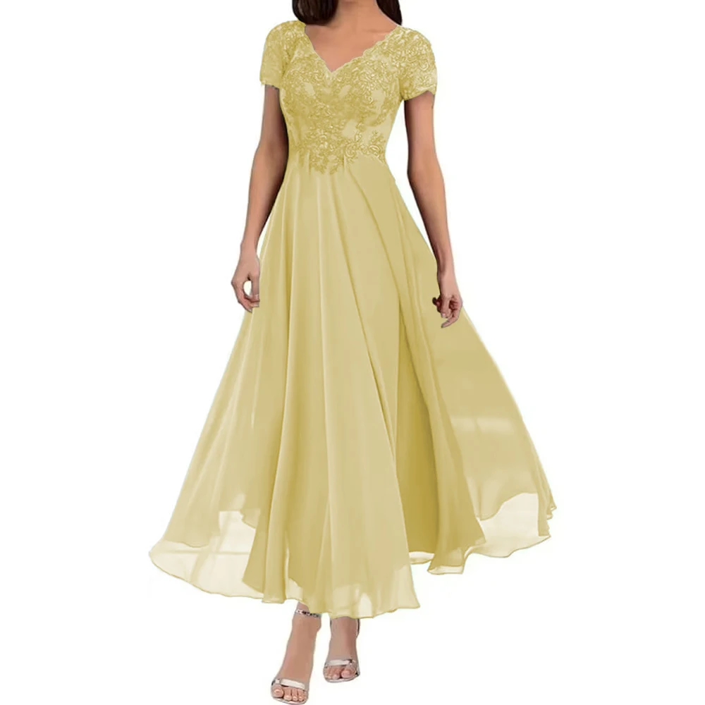Customized Elegant V Neck Mother of The Bride Dresses Short Sleeves Formal Dress Chiffon Appliques Lace Evening Gown Lace Up