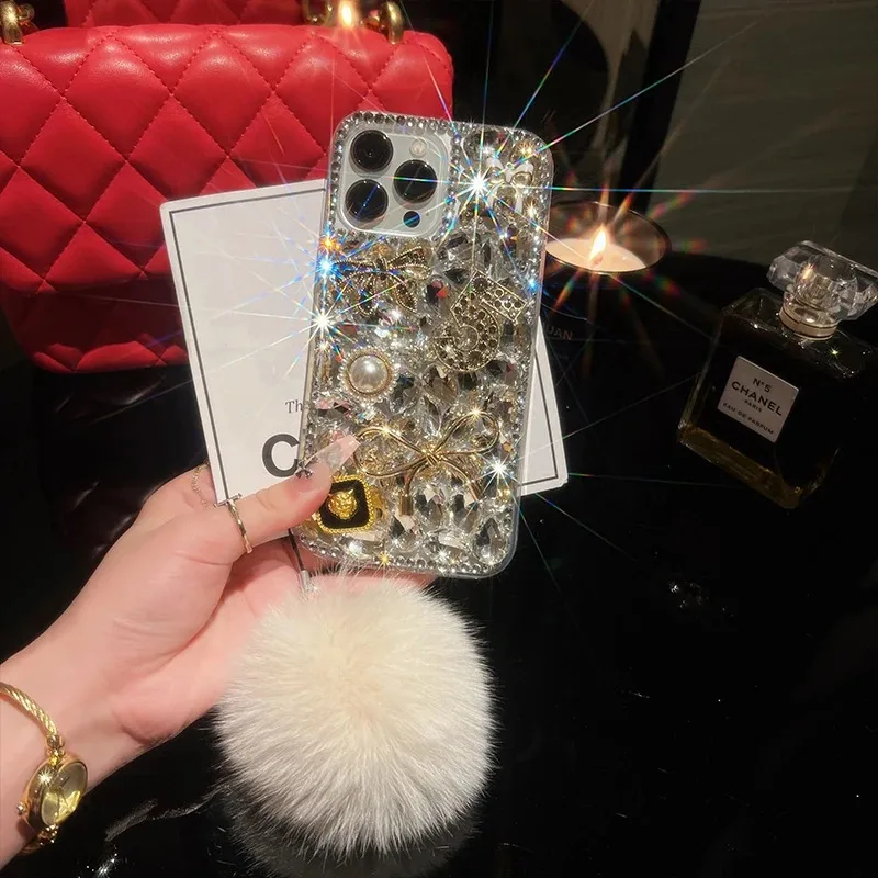 Shockproof Cover for Samsung, Fashion Fur Ball Case for A50, A70S, A32, A52, A71, A51, A72, A73, A53, Bling Diamond, Flower