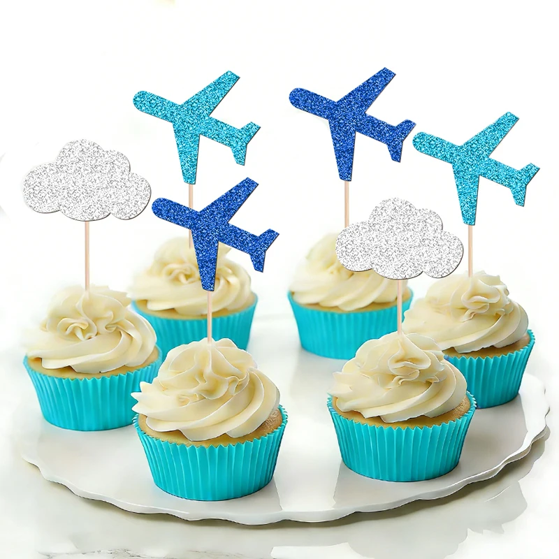 YOMDID 24 Stück Flugzeug-Kuchenaufsätze, mehrfarbig glitzernde Wolken-Flugzeug-Cupcake-Topper, Dekorationen, Kuchenaufsätze mit Reisethema – Detail 7