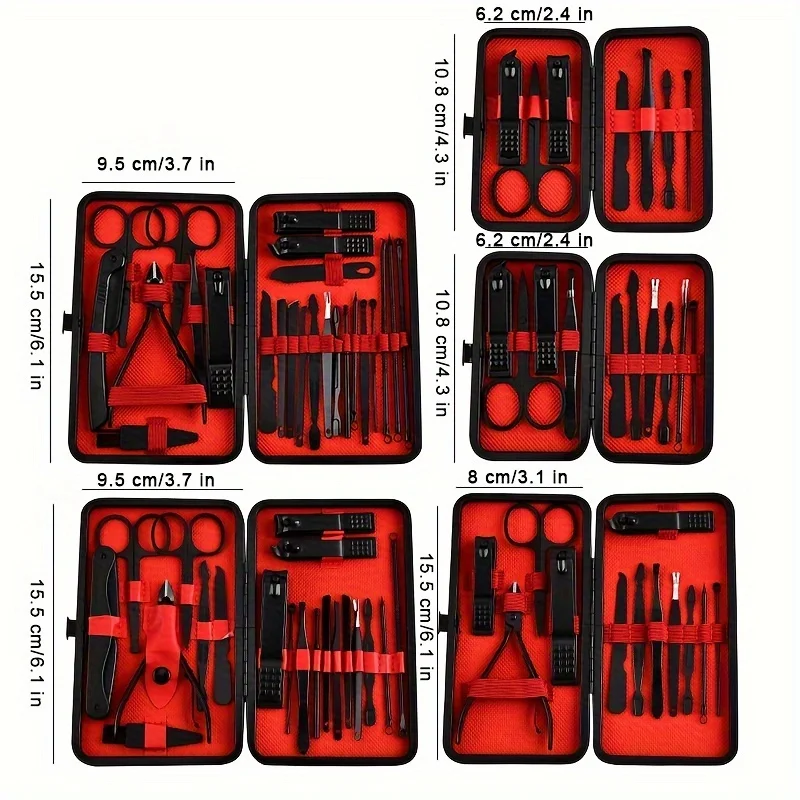 Set manikur profesional hitam dan merah, Kit perawatan gunting kuku 7/10/12/20/24 buah, peralatan pedikur profesional bahan baja tahan karat