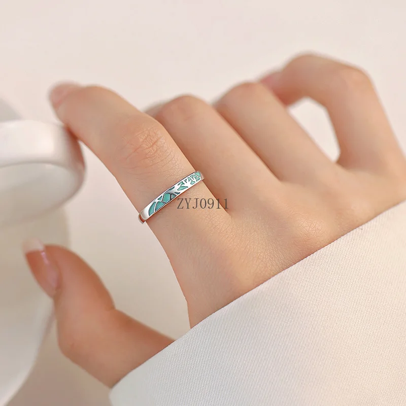 Кольцо из стерлингового серебра 999 пробы, сине-белое фарфоровое кольцо, женское простое кольцо премиум-класса, легкое роскошное кольцо на указательный палец