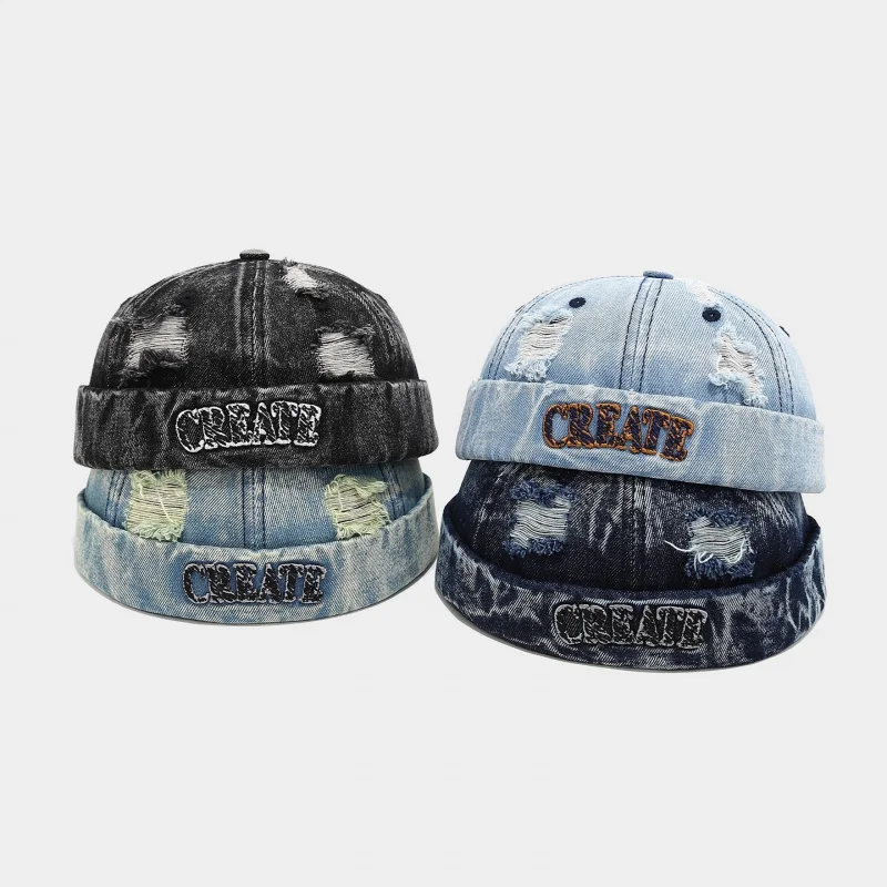 Japanese Art Retro Washed Denim Distressed Letter Yuppie Skullcap Personalized Fashion Brimless Landlord Hat Unisex