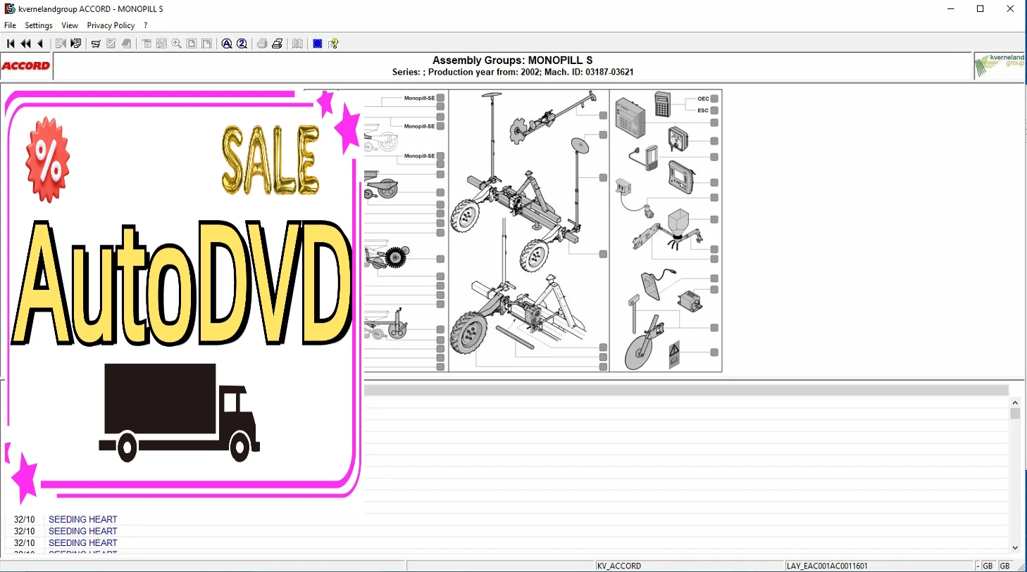 

AutoDVD Kverneland ACCORD Сельскохозяйственное оборудование 2019, каталог электронных запчастей, DVD