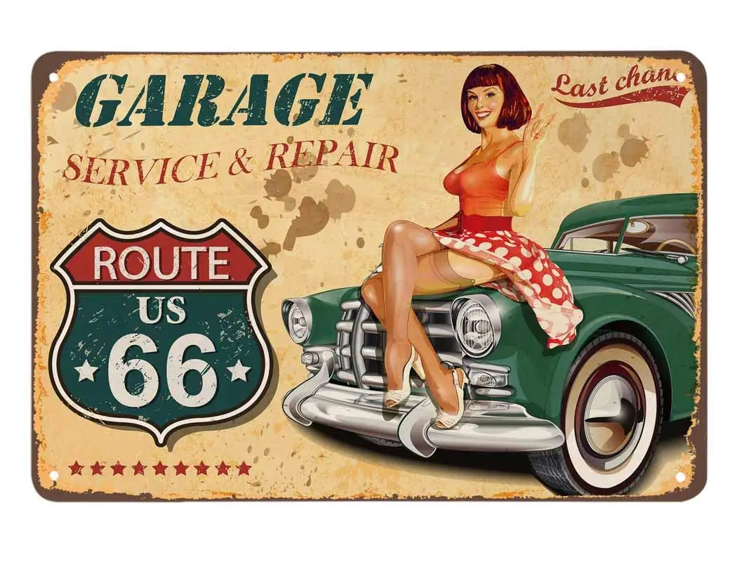 Pin Up Girl Tin Sign,Route 66 Garage Service Repairs Women Sit On the Green Car Vintage Metal Tin Signs for Cafes Bars Pu