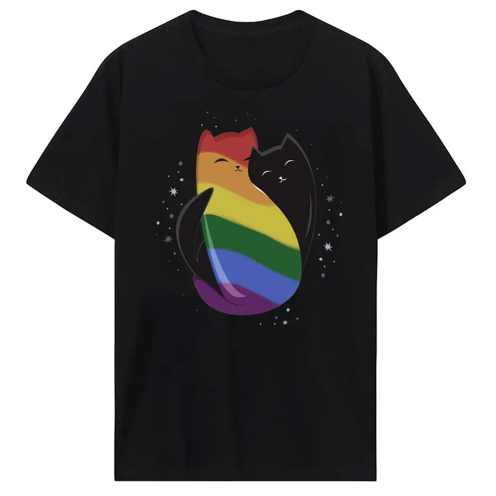 Funy Cuddle Cat LGBT Pride Month Gay Lesbian Rainbow Ally Summer Cotton T-Shirt Woman Summer Clothing Graphic Tees Gifts Lesbian