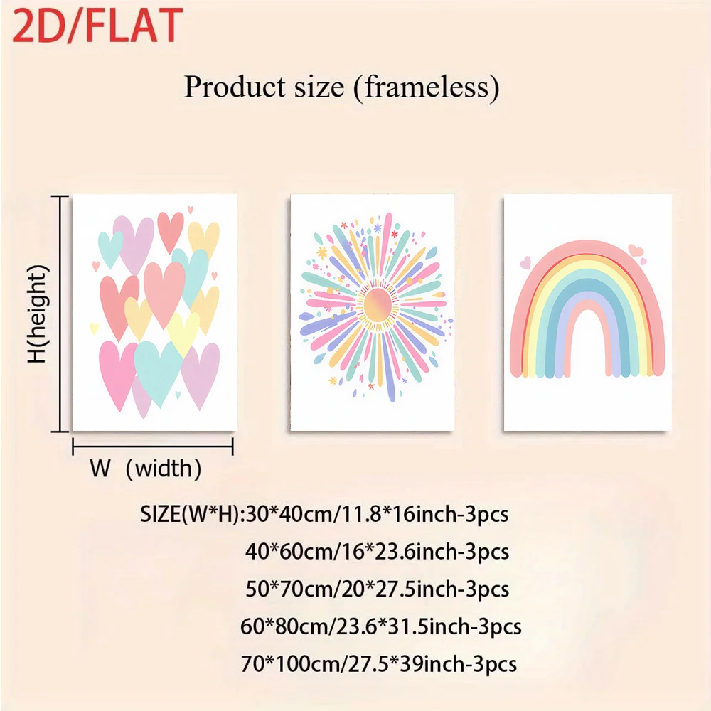 (3PCS Unframe)1 Set Colorful Love Heart Sun Rainbow triptych frameless Wall Art for Living Room Bedroom Kids Room Decor, 2Dflat
