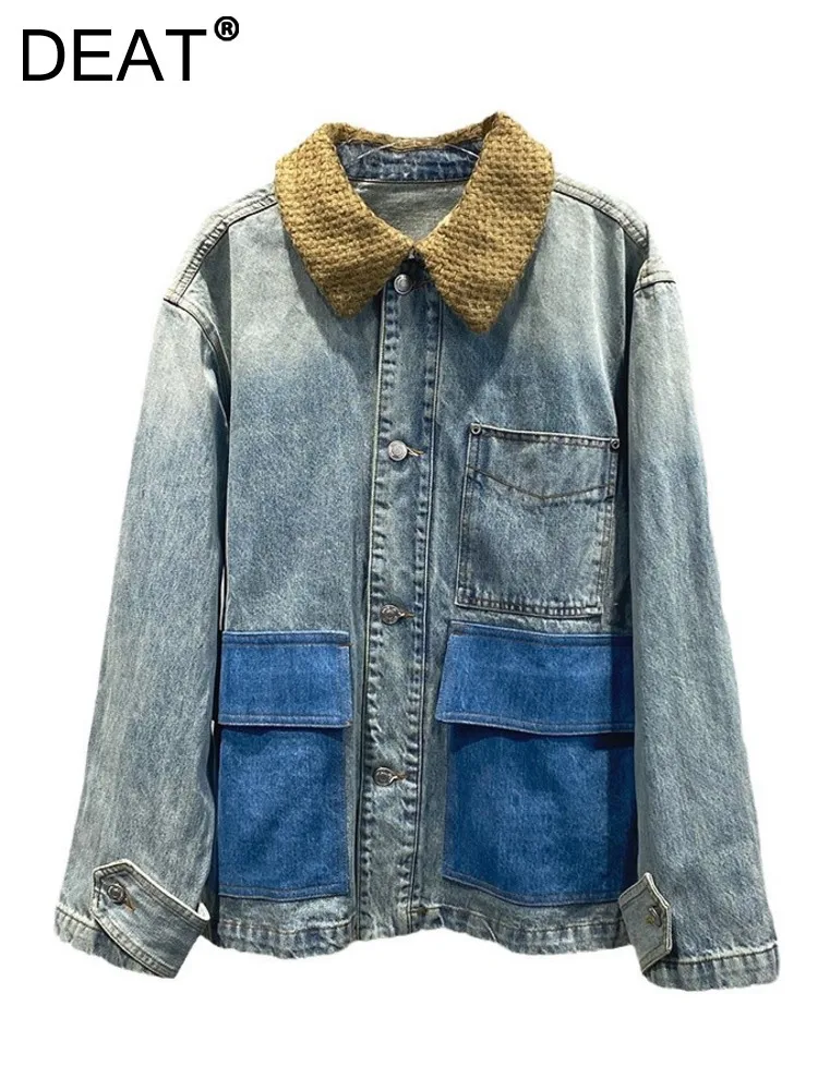 

DEAT Women's Denim Coat Patchwork Pocketss Washed Blue Weaving Collar Single Breasted Jackets 2024 Autumn New Fashion 29L8710